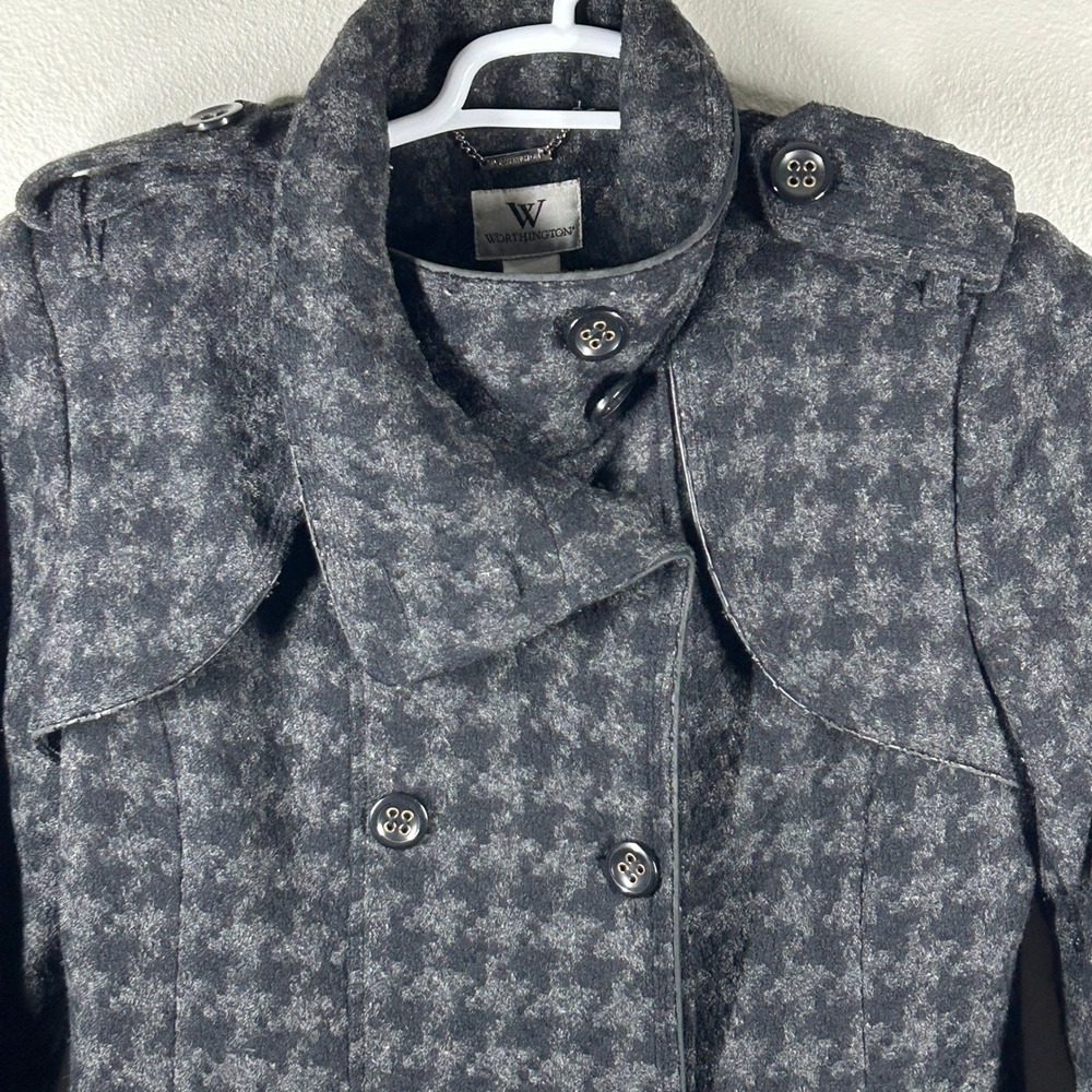 Worthington Womens Grey Houndstooth Wool Blend Double Breasted Pea Coat Medium